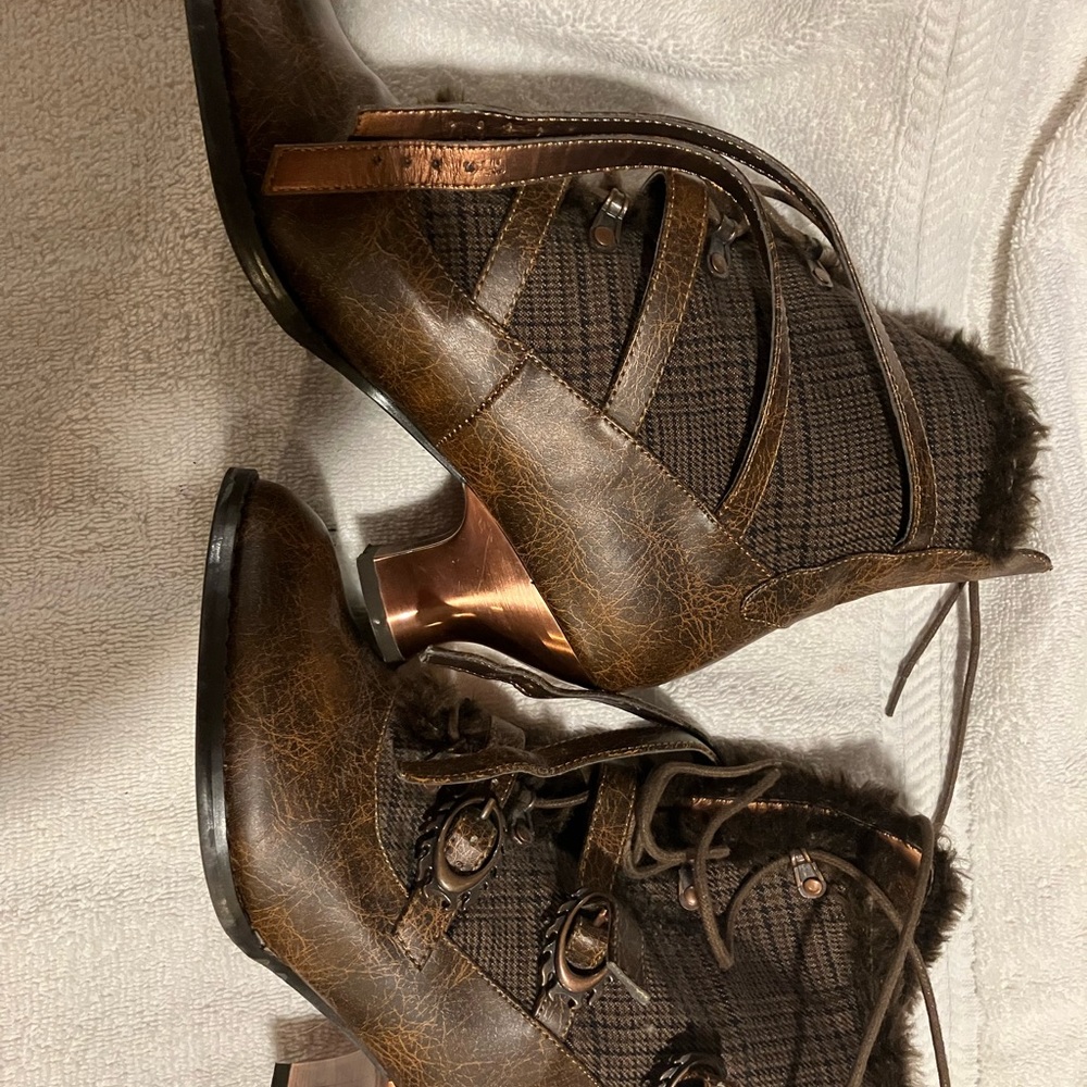 Hades Boots size 9 Leather Fur buckle booties- copper colour heel